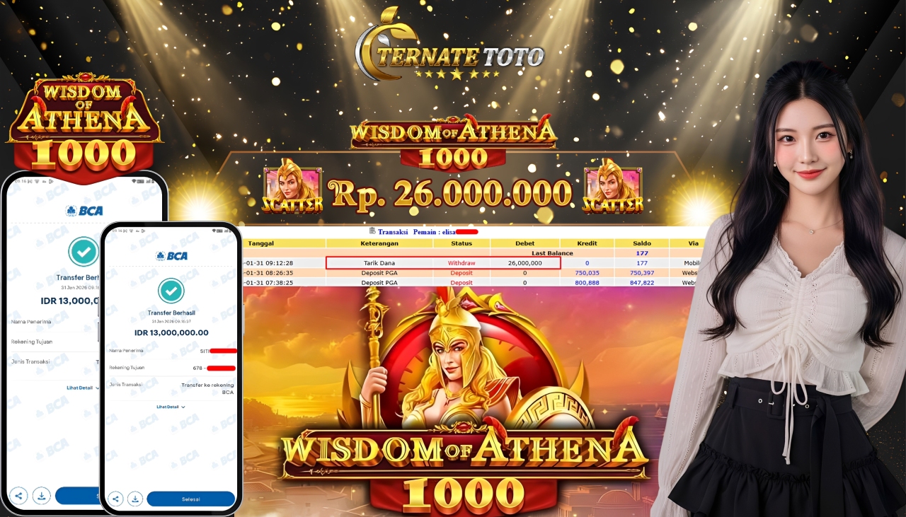 TERNATETOTO - JACKPOT WISDOM OF ATHENA 1000 Rp. 26.000.000,-